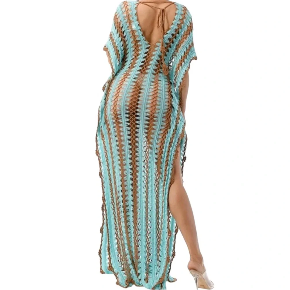 Crochet Tunic,coverup,Turquoise,brown dress,Bohemian,Swim,M/L,New - Picture 8 of 12